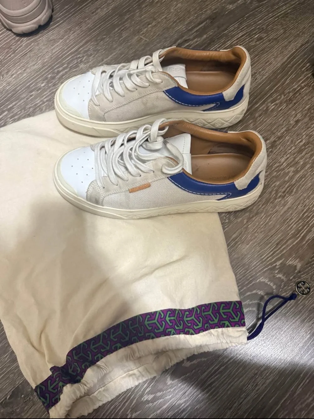 Tory Burch White Canvas Sneakers with Blue Heel and Tan Lining